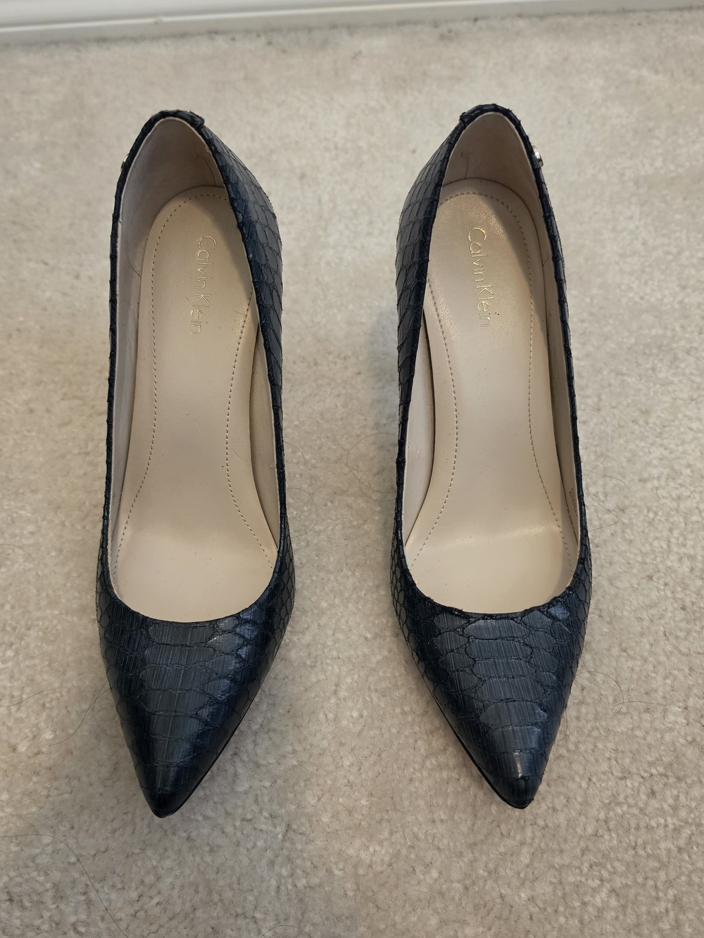 Calvin Klein Navy Croc-Embossed Pointed Toe Pumps